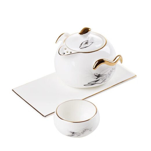 Ruijiu leisurely one pot and one cup bone china tea set Kung Fu tea set gold painted ceramic teapot tea cup saucer ink shrimp tea set three-piece set