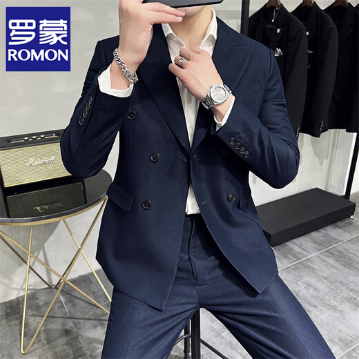 
ROMON light luxury high-end double-breasted suit suit men's Korean style slim business formal casual suit two-piece set Military green [double-breasted T687] XL