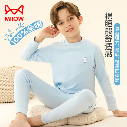 Catman Children's Thermal Underwear Boys Pure Cotton + Mid-Collar Autumn Clothes and Autumn Pants Baby Autumn and Winter Bottoming Pajamas Set