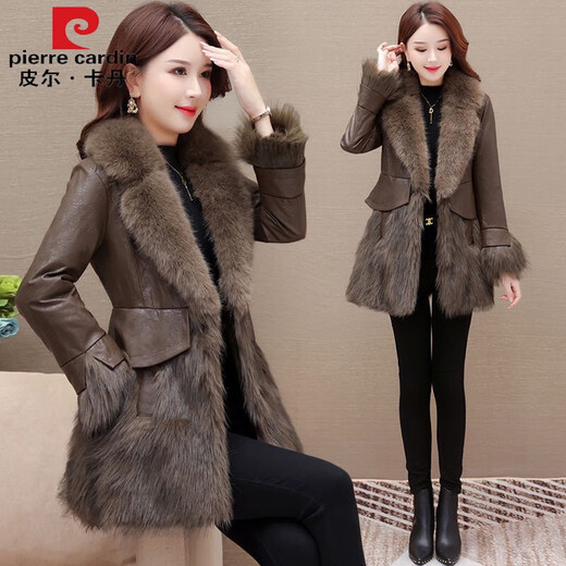 Pierre Cardin leather and wool one-piece parka jacket for women 2024 new autumn and winter fashion age-reducing loose thickened down coat brown coat thickened L