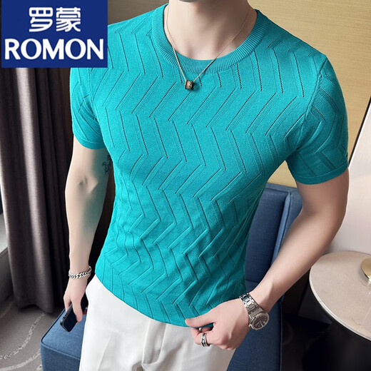 Romon Summer Ice Seide Schwarze Herren High-End-Kurzärärmel-T-Shirt für Männer hohl gestricktes rundes Hals Schlanker Anfall Neues atmungsaktives T-Shirt Dünn 9759 Grau (Diamantplaidstil) xl