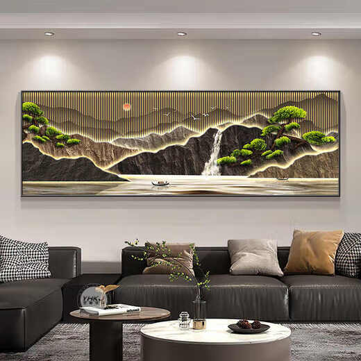 涵轩新中式客厅装饰画现代轻奢沙发背景墙画壁画山水画办公室茶室挂画 JD15565 240*80CM 手工镶钻画铝合金黑框