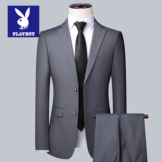 Playboy Suit Men's Business Professional Formal Wear Small Suit Men's Wedding Groom Work Spring Autumn Slim Jacket Men's Double Button Black (Suit + Pants) L (170)