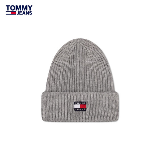 TOMMY JEANS Autumn and Winter Women's Wool Blended Classic Flag Embroidery Outdoor Warm Trendy Cold Hat Knitted Hat 16785 Gray 0IM Single Size (Head Circle 46cm)