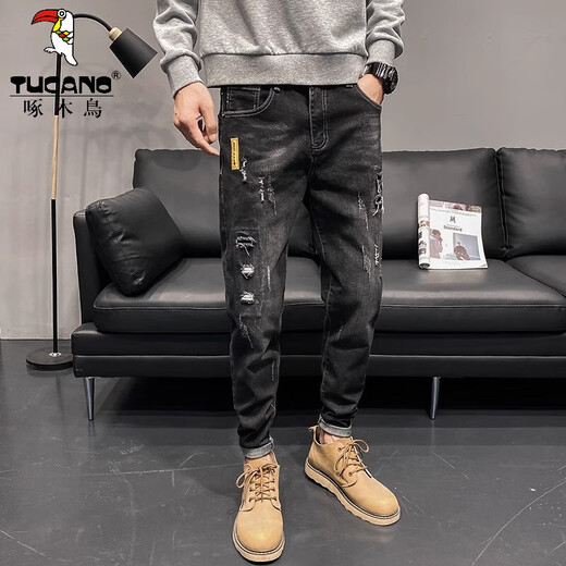 啄木鸟（TUCANO）男士破洞牛仔裤春季款潮牌修身小脚2025黑色休闲长裤美式复古男裤 6636黑色 36