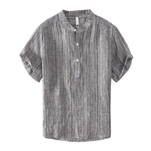 
Good Bull (HAOBUYI) color woven striped stand collar linen short-sleeved T-shirt for men's summer thin button-neck breathable pure hemp Japanese half-sleeved T-shirt gray S