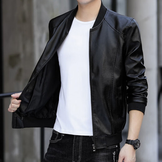 ACLOSMIL 2024 Spring and Winter Men's Baseball Collar Men's Leather Jacket Jacket PU Leather Plus Velvet Thickened Live Broadcast Black Baseball Collar Velvet XL54/170-175CM (130-145Jin Jin is equal to 0.5 kg)