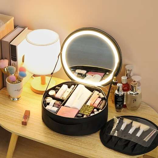 NiceLand cosmetics bag with LED light, round mirror cosmetics storage bag, large capacity, portable hand strap, battery, black