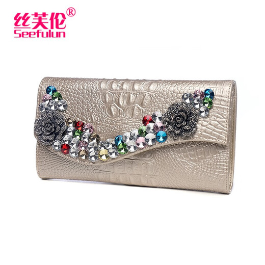 Sephren echte Leder -Kupplungs -Tasche für Frauen Strass -Handgrabung Tasche 2025 Neue Mode große Kapazitäts -Clip -Taschen Bankett Goldene Farbe Goldene Farbe