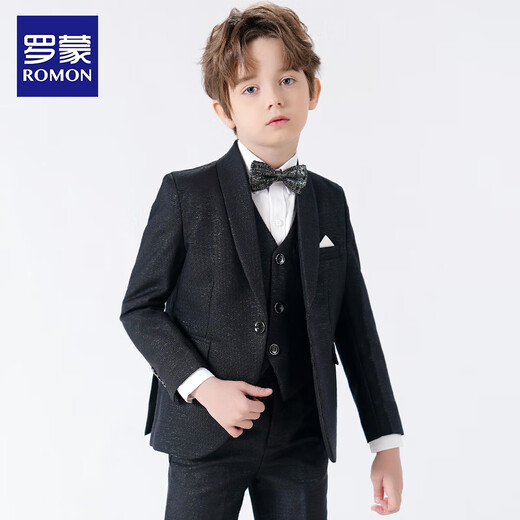 罗蒙儿童西装套装男童礼服英伦主持人钢琴演出服秋 亮丝黑色5件套 130