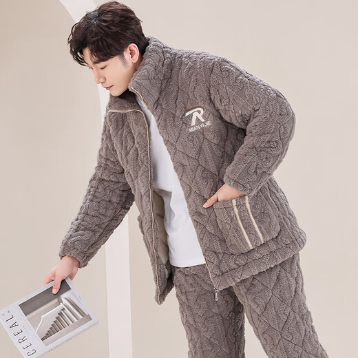 未萱大码湖南省服睡衣加绒加厚棉男士冬季三层夹棉袄法兰珊瑚绒 M6683 深棕色M6627 3层xL[95-120斤]三层加厚 均码