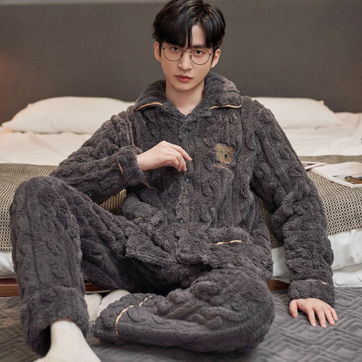Langsha Pajamas Coral Velvet Men's Coral Velvet Automne et hiver Plus Velvet Les vêtements de revers épaissis en velours peuvent être portés à l'extérieur pour un ensemble simple de deux pièces [épaissi] Broidered Bear 2xl [145-175jin [Jin est égal à 0,5 kg]]]
