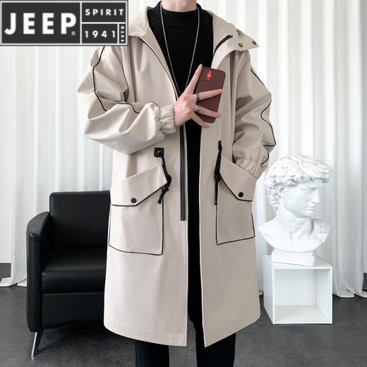 JEEP SPIRIT windbreaker boys spring and autumn hooded mid-length men's loose casual over-the-knee coat winter cotton thickened coat black 996-cotton S 90-100Jin Jin equals 0.5 kg