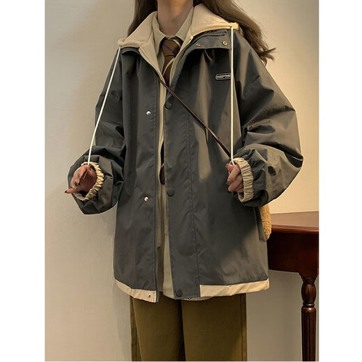 QGF fake two-piece assault top jacket for women spring and autumn thin small loose casual new baseball uniform trend jacket gray M