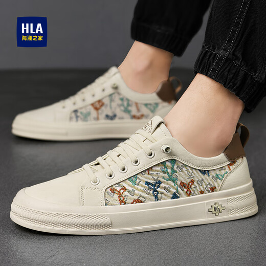 海澜之家（HLA）男鞋夏季休闲鞋男鞋子新款印花板鞋透气织物运动鞋轻便耐磨工装鞋 米白色 41