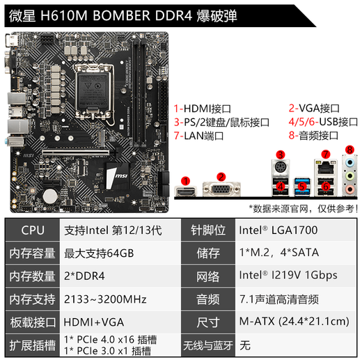 微星（MSI）12/13代/14代CPU主板套装i3 13100f 14100f 12100f 散片 H610M BOMBER DDR4 爆破弹 14代i3-14100散片【三年店保】
