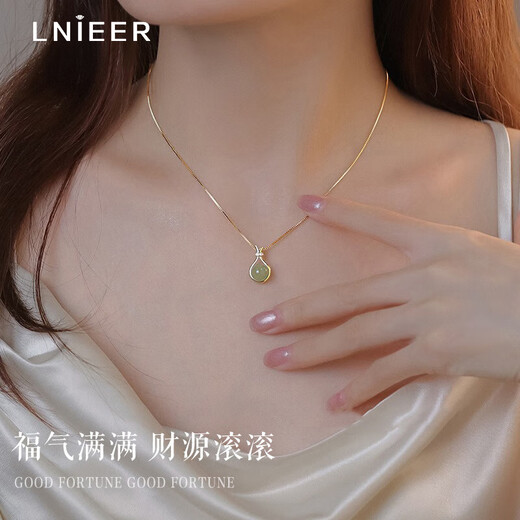 Lnieer925 silver lucky bag Hetian jade silver necklace for women's pendant clavicle chain 2025 new necklace accessories for girlfriend and wife Golden Hotan jade lucky bag necklace [S925 silver]