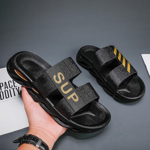 Lopis Slippers Men's 2020 Summer New Men's Outdoor Slippers Internet Celebrity Street Photography Versatile Outdoor Sports Sandals Trend Youth Fashion Student Outerwear Beach Shoes Trend @JF-JF29 Black Gold 41-42