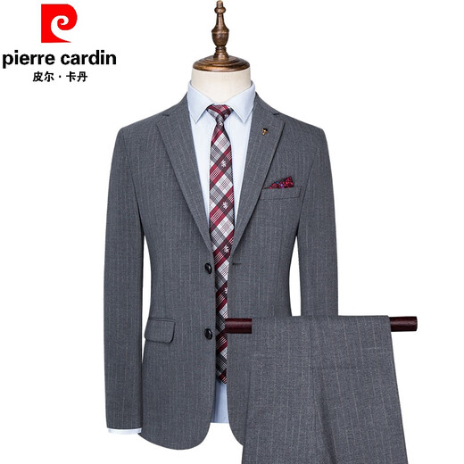 Pierre Cardin Suit Suit Men's Business Casual Professional Wear Striped Double Slit Suit Wedding Groom Dress Photography Studio Knitted Two-piece Set (suit + trousers) XL 180 135-150Jin Jin equals 0.5 kg