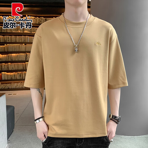 Pier Cardin men's T-shirt round neck loose simple centre-sleeved T-shirt summer new casual half-sleeved top burgundy QD659 medium 2XL