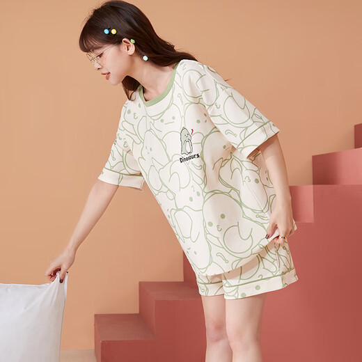 Langsha Pajamas Women's Summer Thin Printed Short-Sleeved Suit Sweet Round Neck Pullover Can Be Weared Outside Home Clothes Light Green Dinosaur