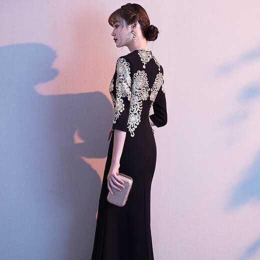 Yimimei evening dress fishtail autumn and winter banquet long female company annual meeting party female host costume dress slim v black fishtail slit long L
