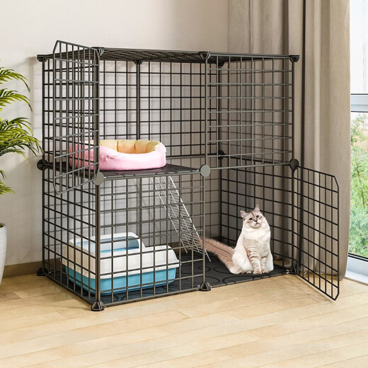 Dipur Cat Cage Cat Villa Cat Cage Household Multi-layer Large Rabbit Cage Fence Pet Cage Cat Folding Empty Cage Guardrail Adult Cat Kitten Cattery Cat Nest Portable Double-layer Black 71*45*71cm [Double-layer Cat Cage + Hammock + Ladder]