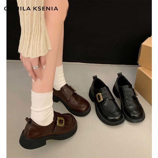 CAMILA KSENIA small leather shoes for women 2025 new versatile fashionable autumn non-slip thick sole retro soft British style soft sole loafers black 38