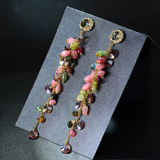 Luo Man Shi Tourmaline Crystal Earrings Women's S925 Silver Korean Long Tassel Bohemian Exaggerated Earrings No Ear Holes Ear Clip Style
