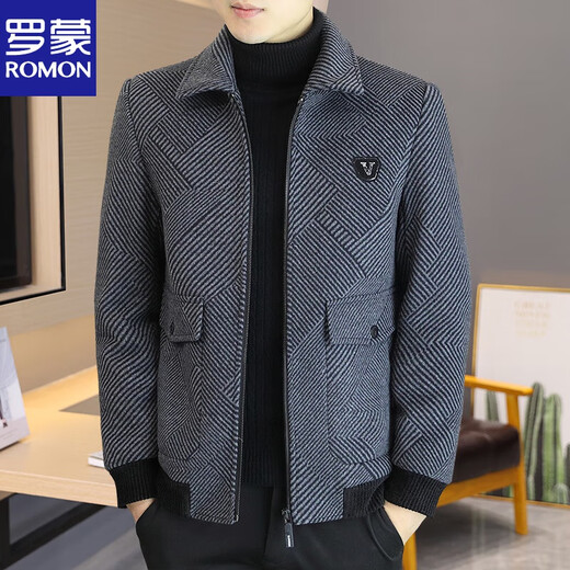 ROMON woolen woolen jacket men's short autumn and winter new lapel woolen men's thickened warm casual jacket gray H856 M90-115Jin Jin equals 0.5 kg