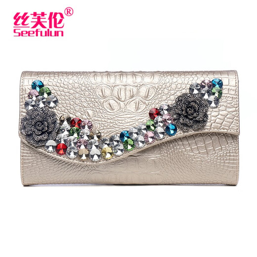 Sephren echte Leder -Kupplungs -Tasche für Frauen Strass -Handgrabung Tasche 2025 Neue Mode große Kapazitäts -Clip -Taschen Bankett Goldene Farbe Goldene Farbe