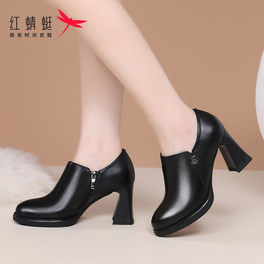 Red Dragonfly Women's Boots Genuine Leather Fashion Boots Ankle Boots Autumn and Winter British Style Leather Boots Thick Heel Mom's Shoes High Heels 8cm Black (Heel Height 8cm) 37