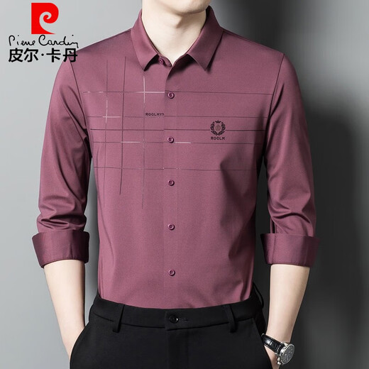 皮尔卡丹（pierre cardin）轻奢高档粉色长袖衬衫男士春秋季喜爸爸婚宴装公公结婚衬衣服 6625红色 175