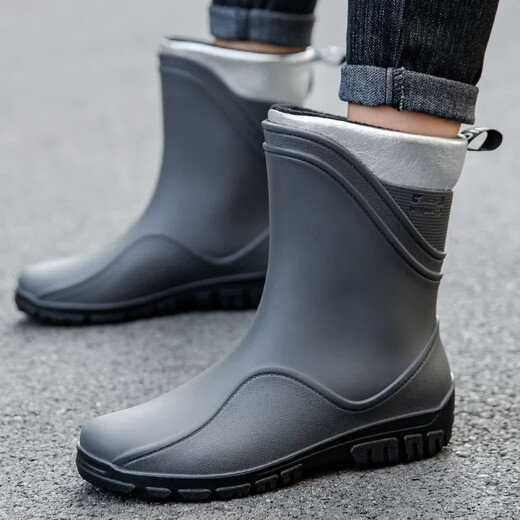 Xili rain boots men's mid-calf fashionable Korean style adult plus velvet warm kitchen shoes non-slip wear-resistant outdoor fishing car wash takeaway rain boots construction site waterproof rubber shoes overshoes winter gray surface black bottom 42 plus velvet please order one size larger