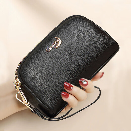 Crocodile shirt double zipper first layer cowhide wrist bag women's clutch bag simple long wallet T2008 black