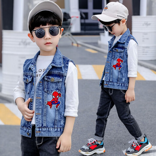 G.Duckkids Kinderkleidung Kinderweste Frühling und Herbst 2023 Neue Jungen Herbst Kleidung Spider-Man Jeans Weste Jacke 9 mittelgroße Kinder Blau 100 Größen 2 ~ 3 Jahre alt [90-100 cm] CM