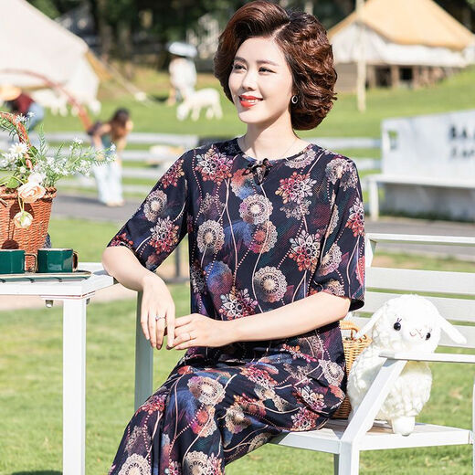 安梦影棉绸中老年女装中袖棉绸套装大码中老年夏季衣服女时尚妈妈装两件 橄榄绿 9226 均码 l 85-105斤