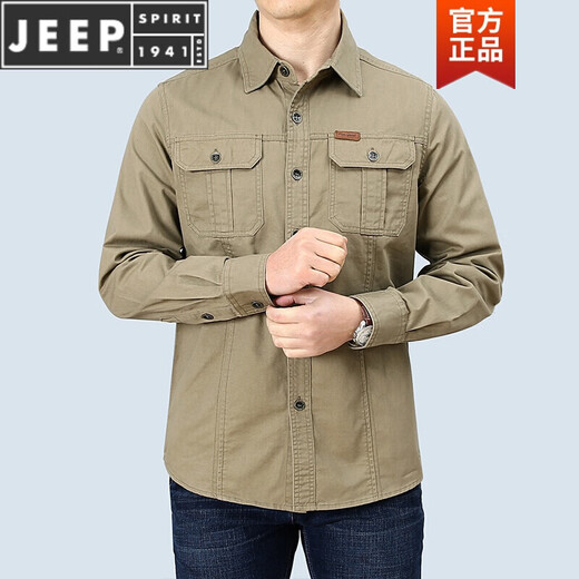 JEEP SPIRIT春秋季纯棉长袖衬衫男士休闲大码宽松多口袋工装纯色商务衬衣男潮 6621卡其 3XL