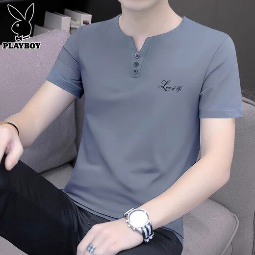 花花公子（PLAYBOY）短袖t恤男2025夏季新款潮流v领休闲宽松上衣薄款凉感男装 5024黑色 XL