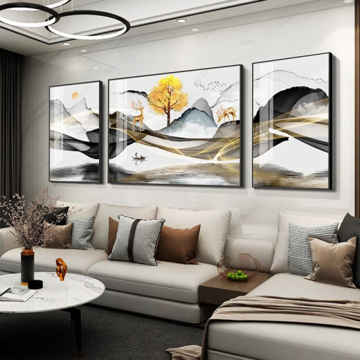 Quanxiangge New Chinese Style Living Room Decorative Painting Modern Simple Sofa Background Wall Decorative Painting Bedroom Hanging Painting Restaurant Light Luxury Crystal Porcelain Painting Hotel Lobby Landscape Painting Hotel Mural Gold Fortune Elk A Style Small Set (Left and Right 40*60 Middle 80*60) Fabric Painting PS Frame