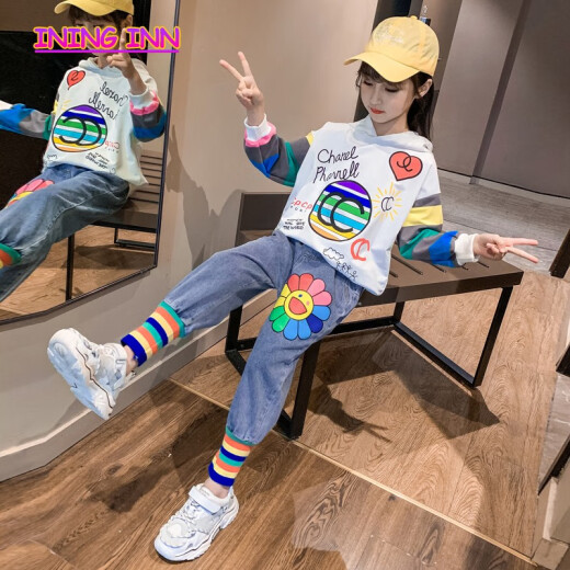 Children's Clothing Girls Internet Celebrity Suit 2020 Spring and Autumn Clothes New Style Western-style Medium-sized Children's Little Girls Students Children's Sports Long-Sleeved Hooded Sweatshirt Casual Pants Trendy Two-piece Set 5-13 Years Old White 150 Recommended Height 135cm-145cm