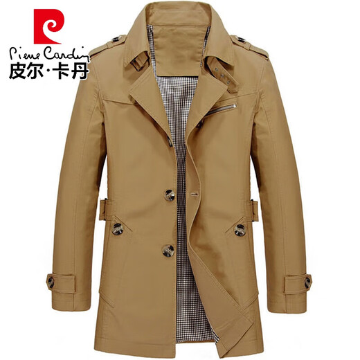 Pierre Cardin spring and autumn men's windbreaker mid-length lapel coat men's coat large size cloak new work wear casual light khaki XL