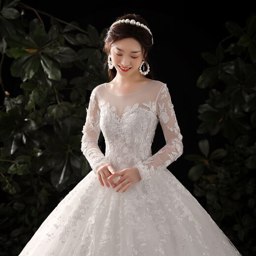 High-end queen light luxury white wedding dress 2020 new starry sky high-end temperament bride forest style big tail dreamy little man long-sleeved slim fashionable temperament women's floor-length XS