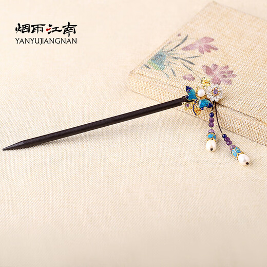 Yanyu Jiangnan retro style original hairpin for women cloisonné amethyst plate hairpin Hanfu step shake ancient costume wooden hairpin hairpin length 16 cm