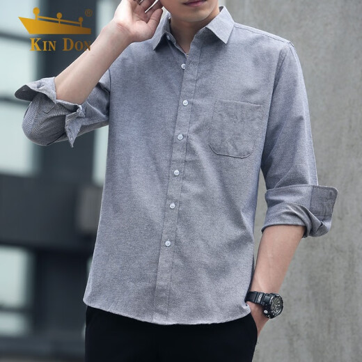 KINDON gold shield shirt men's autumn and winter casual shirt men's loose long-sleeved solid color cotton top gray velvet XL