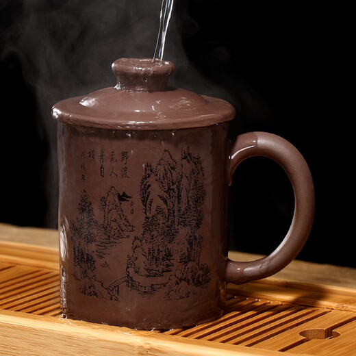 Gold inlaid jade Yixing purple clay cup original ore purple clay carved large capacity water cup tea set office cup landscape tea cup 450ml