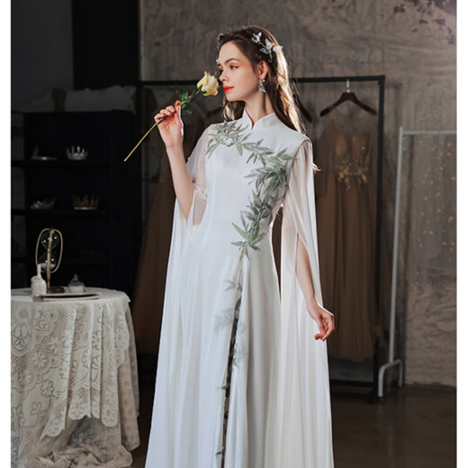 Li Baixin white chorus clothing Chinese guzheng performance clothing stage performance catwalk art test host student evening dress cheongsam white M recommended 90-100Jin Jin equals 0.5 kg