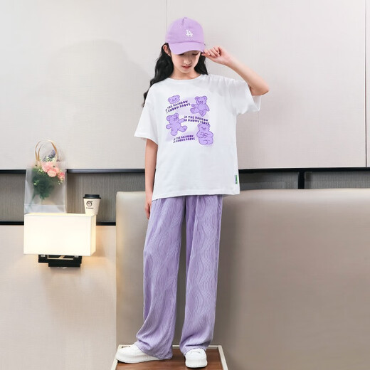 小猪彼特（PIG&PETER）女童夏季短袖套装2025新款洋气时髦童装中大童儿童两件套休闲夏装 15009紫色+9905白色 150 cm