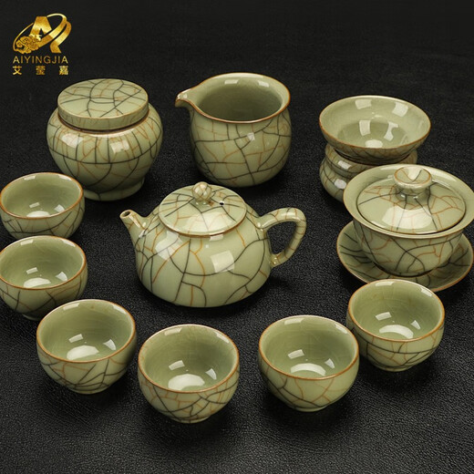 Ai Yingjia Longquan Celadon Tea Set Ge Kiln Famous Handmade Ceramics Home Living Room High-end Tea Maker Office Light Luxury Kung Fu Tea Set Tea Ceremony Gift Set Song Pattern Legacy Series 12 Pieces