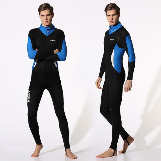 HiSEA new long-sleeved one-piece wetsuit for men, quick-drying suit, snorkeling suit, surfing suit, beach jellyfish suit, swim suit, dark blue hooded M